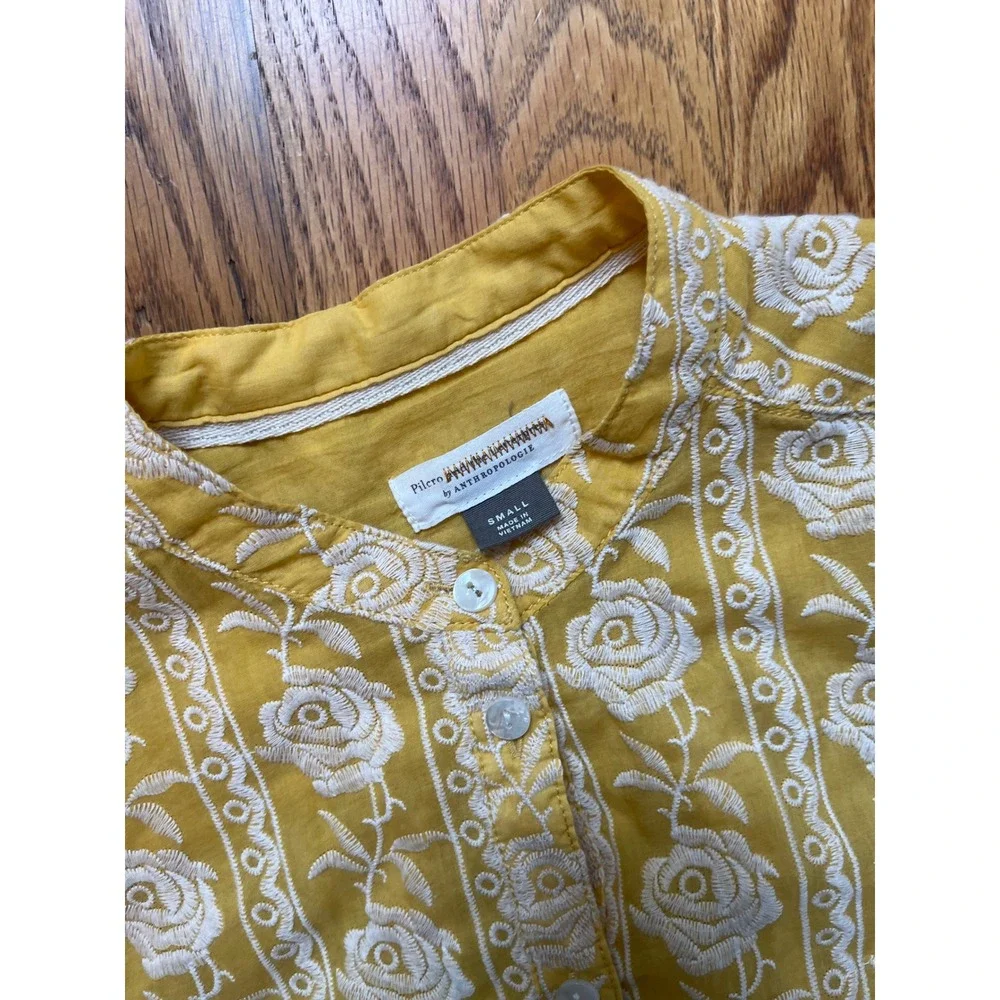 Pilcro Anthropologie Yellow Floral Embroidered Puff Sleeve Blouse OB1098747 S b6